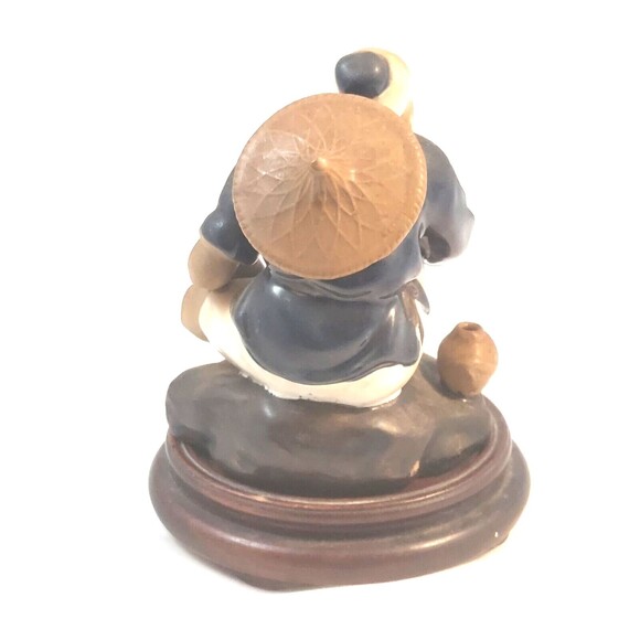 Chinese Shiwan Artistic Ceramic Mudman Seating Fisherman Glazed Figurine 4" Vtg - Picture 3 of 9